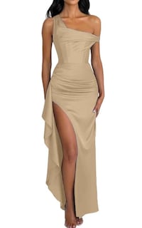 Foto 1 | Foto 1 | Vestido Largo De Fiesta Lphirkut Satinado Con Hombros Descubiertos, Champán - Venta Internacional.