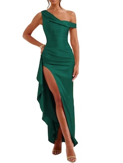 Foto 1 | Foto 1 | Vestido Largo De Fiesta Lphirkut De Satén Plisado Con Hombros Descubiertos, Verde - Venta Internacional.