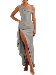 Foto 1 | Foto 1 | Vestido Largo De Fiesta Lphirkut Satinado Con Hombros Descubiertos, Gris, Para Mujer - Venta Internacional.