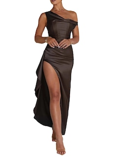 Foto 1 | Foto 1 | Vestido Largo De Satén Para Invitados De Boda, Color Marrón, Talla L, Talla 8, Satén - Venta Internacional.