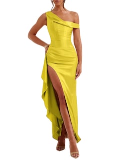 Foto 1 | Foto 1 | Vestido Largo De Satén Para Invitados De Boda, Color Amarillo Mostaza, Satén - Venta Internacional.