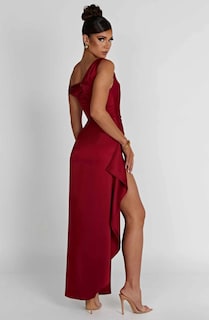 Foto 5 | Foto 5 | Vestido De Fiesta Lphirkut Satinado Con Hombros Descubiertos, Diseño De Sirena Fruncida, Rojo Vino - Venta Internacional.