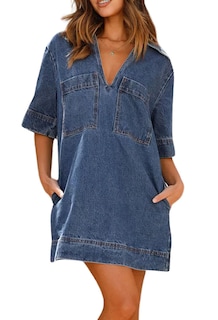 Foto 1 | Foto 1 | Vestido Chouyatou Para Mujer, Holgado, Cuello En V, Vaquero, Azul Oscuro - Venta Internacional.