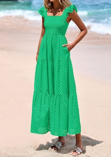 Foto 3 | Foto 3 | Vestido Largo Prettygarden Para Mujer, Cuello Cuadrado, Verde Fruncido - Venta Internacional.