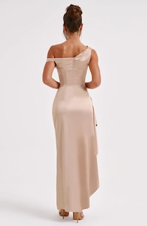 Foto 4 | Foto 4 | Vestido De Fiesta Lphirkut Satinado Largo Con Hombros Descubiertos Fruncido En Oro Rosa - Venta Internacional.