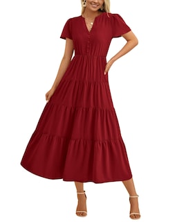 Foto 1 | Foto 1 | Vestido Prettygarden Para Mujer, Midi, Cuello En V, Cuello En V, Volantes, Rojo Vino - Venta Internacional.
