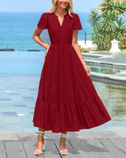 Foto 2 | Foto 2 | Vestido Prettygarden Para Mujer, Midi, Cuello En V, Cuello En V, Volantes, Rojo Vino - Venta Internacional.