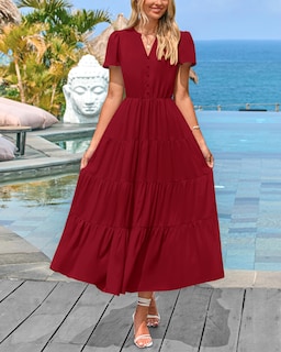 Foto 3 | Foto 3 | Vestido Prettygarden Para Mujer, Midi, Cuello En V, Cuello En V, Volantes, Rojo Vino - Venta Internacional.