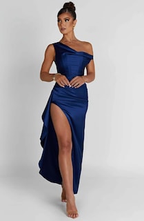 Foto 5 | Foto 5 | Vestido De Noche Lphirkut Satinado Con Hombros Descubiertos Para Mujer, Azul Real - Venta Internacional.