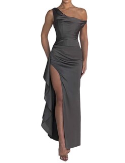 Foto 1 | Foto 1 | Vestido De Fiesta Lphirkut Largo Plisado Satinado Con Hombros Descubiertos, Color Carbón - Venta Internacional.