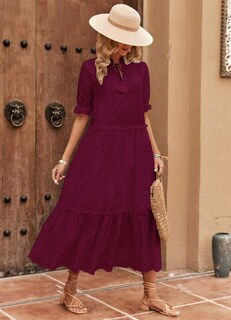 Foto 3 | Foto 3 | Vestido Chouyatou Para Mujer, Estilo Bohemio, Bordado Bohemio, Con Ojales, Color Rojo Vino - Venta Internacional.