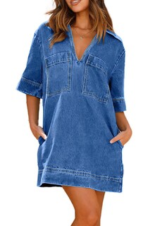 Foto 1 | Foto 1 | Vestido Chouyatou Para Mujer, Holgado, Cuello En V, Azul Vaquero - Venta Internacional.