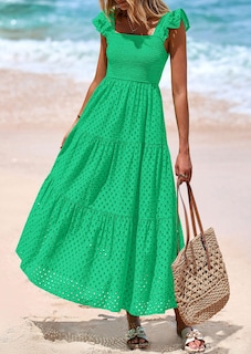 Foto 4 | Foto 4 | Vestido Largo Prettygarden Para Mujer, Cuello Cuadrado, Verde Fruncido - Venta Internacional.