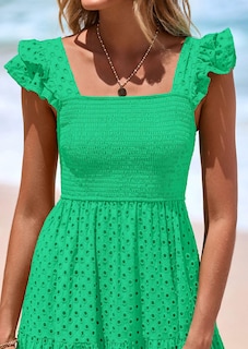 Foto 5 | Foto 5 | Vestido Largo Prettygarden Para Mujer, Cuello Cuadrado, Verde Fruncido - Venta Internacional.