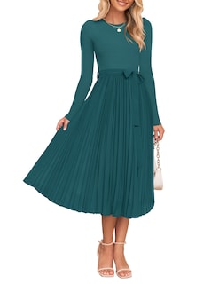 Foto 1 | Foto 1 | Vestido Midi Zesica De Otoño, Manga Larga, Punto Plisado, Verde Azulado, Mujer - Venta Internacional.