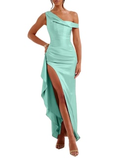 Foto 1 | Foto 1 | Vestido De Invitada De Boda, Satén, Hombros Descubiertos, Color Turquesa - Venta Internacional.