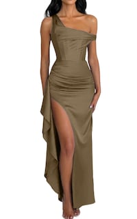Foto 1 | Foto 1 | Vestido De Noche Lphirkut Satinado Con Hombros Descubiertos, Largo, Color Topo, Para Mujer - Venta Internacional.