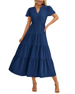 Foto 1 | Foto 1 | Vestido Prettygarden Para Mujer, Midi, Cuello En V, Cuello En V, Volantes Y Bolsillos - Venta Internacional.