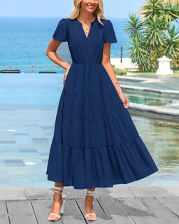 Foto 2 | Foto 2 | Vestido Prettygarden Para Mujer, Midi, Cuello En V, Cuello En V, Volantes Y Bolsillos - Venta Internacional.