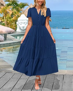 Foto 3 | Foto 3 | Vestido Prettygarden Para Mujer, Midi, Cuello En V, Cuello En V, Volantes Y Bolsillos - Venta Internacional.