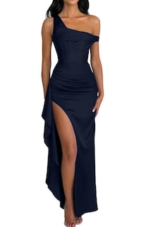 Foto 1 | Foto 1 | Vestido Largo De Fiesta Lphirkut Satinado Con Hombros Descubiertos, Azul Marino - Venta Internacional.