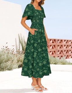 Foto 5 | Foto 5 | Vestido Zesica Para Mujer, Estilo Bohemio, Floral, Midi, Verde, Talla L - Venta Internacional.