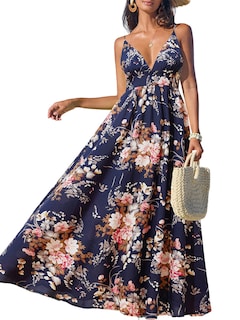 Foto 1 | Foto 1 | Vestido Largo Cupshe Para Mujer Cuello En V Cuello En V Sin Mangas Azul Marino Floral - Venta Internacional.