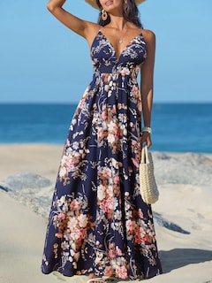 Foto 2 | Foto 2 | Vestido Largo Cupshe Para Mujer Cuello En V Cuello En V Sin Mangas Azul Marino Floral - Venta Internacional.