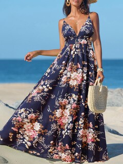 Foto 5 | Foto 5 | Vestido Largo Cupshe Para Mujer Cuello En V Cuello En V Sin Mangas Azul Marino Floral - Venta Internacional.