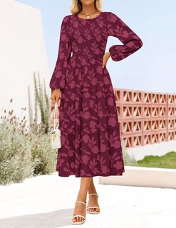 Foto 3 | Foto 3 | Vestido Zesica Para Mujer Estilo Bohemio Floral Midi Color Vino Talla L - Venta Internacional.