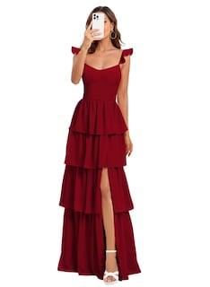 Foto 1 | Foto 1 | Vestido De Fiesta Dessiny De Chifón Rojo Vino Con Tirantes Finos Escalonados - Venta Internacional.