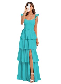 Foto 1 | Foto 1 | Vestido De Fiesta Dessiny Azul Aguamarina Con Tirantes Finos De Chifón Escalonados - Venta Internacional.