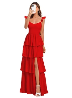 Foto 1 | Foto 1 | Vestido De Fiesta Dessiny De Chifón Rojo Con Tirantes Finos Escalonados 2025 - Venta Internacional.
