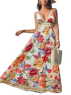 Foto 1 | Foto 1 | Vestido De Verano Cupshe Para Mujer Cuello En V Sin Mangas Maxi Rojo Floral - Venta Internacional.