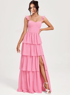 Foto 3 | Foto 3 | Vestido De Graduación Dessiny Dusty Rose Chifón Escalonado Tirantes Finos - Venta Internacional.