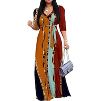 Vestido Largo Con Cuello En V Y Manga Abullonada Rosa Estampado Para Mujer - Venta Internacional.