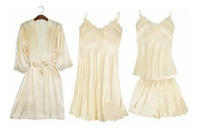 Foto 1 | Foto 1 | Venta Internacional - Pijama de Seda para Mujer Set 4 Piezas Color Beige