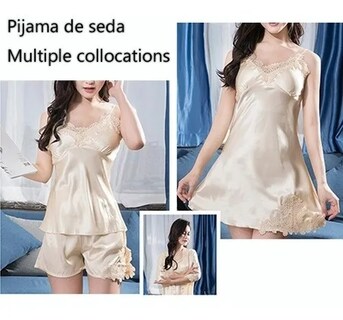 Foto 2 | Foto 2 | Venta Internacional - Pijama de Seda para Mujer Set 4 Piezas Color Beige
