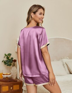 Foto 2 | Foto 2 | Conjunto De Pijama Ekouaer Silk Para Mujer De Manga Corta Satinado Rosa Oscuro - Venta Internacional.