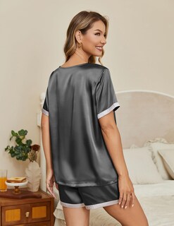 Foto 2 | Foto 2 | Pijama Ekouaer De Seda Para Mujer, Manga Corta, Satinado, Gris Oscuro - Venta Internacional.