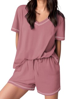 Foto 4 | Foto 4 | Conjunto De Pijama Ekouaer Para Mujer, Manga Corta, Mezcla De Algodón, Rojo, Xl - Venta Internacional.