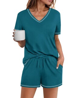 Foto 1 | Foto 1 | Conjunto De Pijama Ekouaer Para Mujer, Manga Corta, Algodón, Azul Y Verde, Talla M - Venta Internacional.