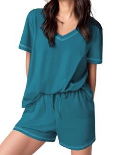 Foto 4 | Foto 4 | Conjunto De Pijama Ekouaer Para Mujer, Manga Corta, Algodón, Azul Y Verde, Talla M - Venta Internacional.