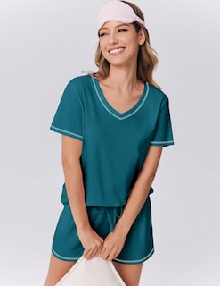 Foto 5 | Foto 5 | Conjunto De Pijama Ekouaer Para Mujer, Manga Corta, Algodón, Azul Y Verde, Talla M - Venta Internacional.