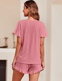 Foto 4 | Foto 4 | Conjunto De Pijama Ekouaer Para Mujer Con Mangas Con Volantes Y Pantalones Cortos De Color Rosa Empolvado - Venta Internacional.