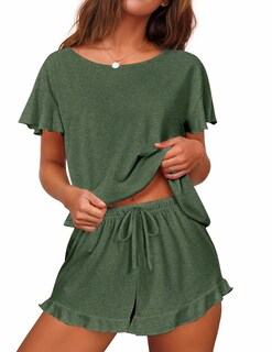 Foto 1 | Foto 1 | Conjunto De Pijama Ekouaer Para Mujer Con Mangas Con Volantes Y Pantalones Cortos, Color Verde - Venta Internacional.