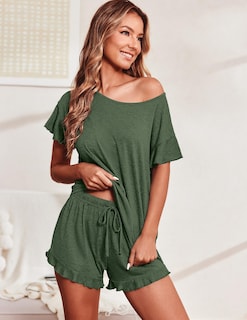 Foto 2 | Foto 2 | Conjunto De Pijama Ekouaer Para Mujer Con Mangas Con Volantes Y Pantalones Cortos, Color Verde - Venta Internacional.