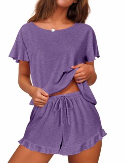 Foto 1 | Foto 1 | Conjunto De Pijama Ekouaer Para Mujer Con Mangas Con Volantes Y Pantalones Cortos, Color Morado - Venta Internacional.