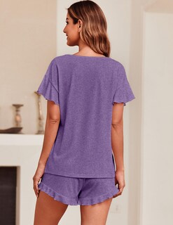 Foto 4 | Foto 4 | Conjunto De Pijama Ekouaer Para Mujer Con Mangas Con Volantes Y Pantalones Cortos, Color Morado - Venta Internacional.