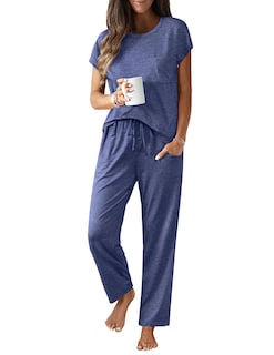 Foto 1 | Foto 1 | Conjunto De Pijama Ekouaer Para Mujer, Manga Corta, Pantalones Largos, Azul Marino - Venta Internacional.